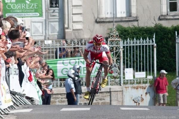 Samuel Dumoulin (Cofidis) dashes over the crest of the hill to the stage win
