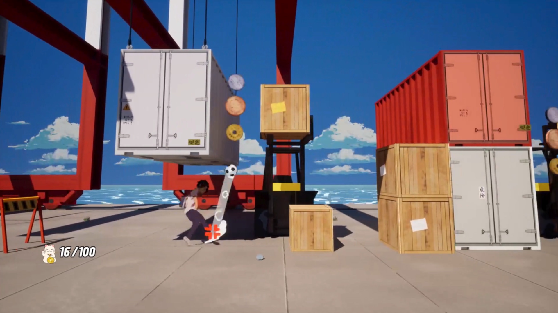 Screens from an indie game featuring a ball dribbling boy across beaches, ship yards and urban streets