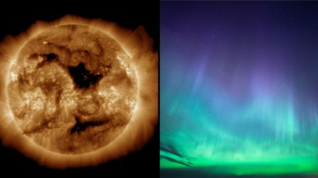 two panel image showing a large coronal hole on the sun in the left panel and on the right is a photograph of northern lights appearing as purple and green ribbons of light in the sky.