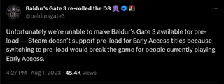 Unfortunately we’re unable to make Baldur’s Gate 3 available for pre-load — Steam doesn’t support pre-load for Early Access titles because switching to pre-load would break the game for people currently playing Early Access.
