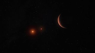 a thin crescent of a planet visible in the light of two distant stars, with the blackness of space behind all three
