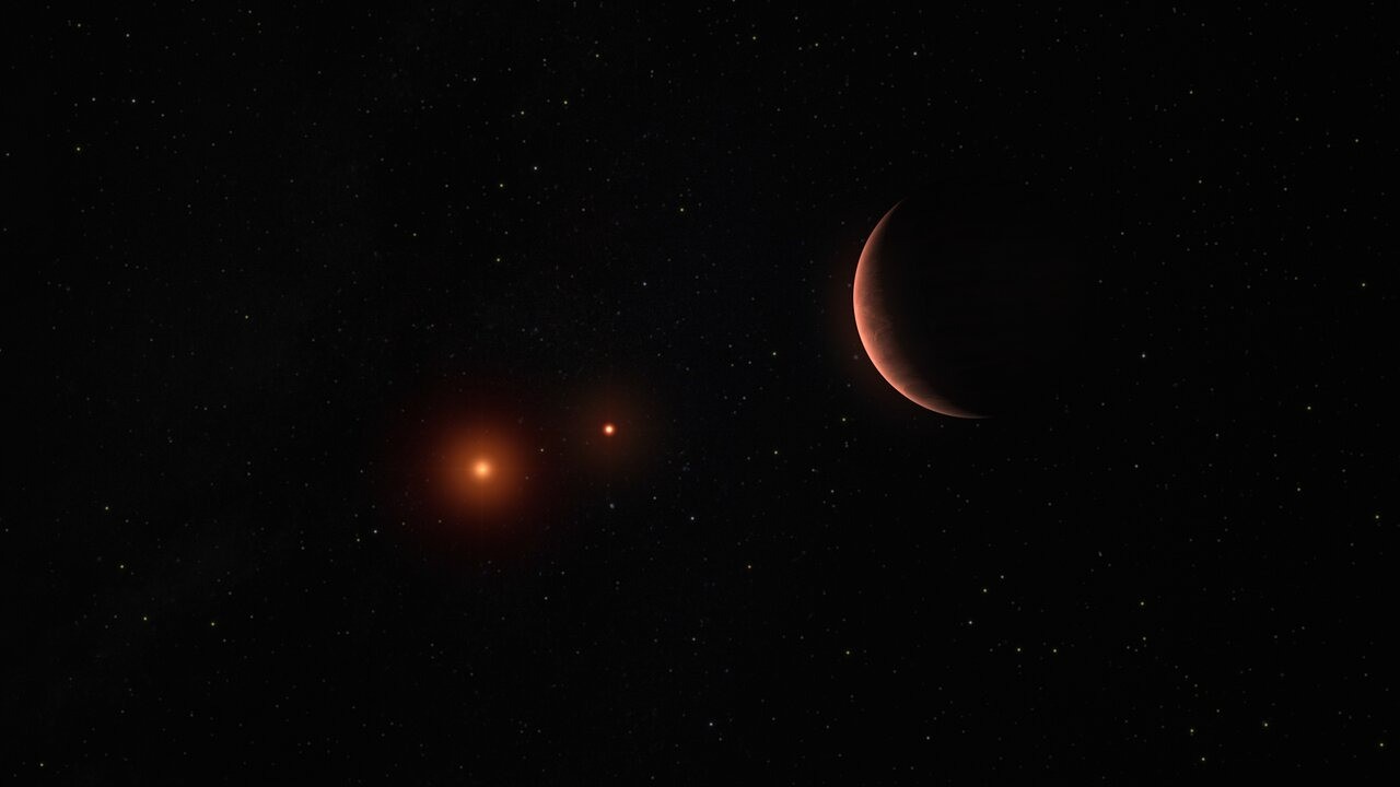 a thin crescent of a planet visible in the light of two distant stars, with the blackness of space behind all three