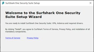 Surfshark One Security Suite install window which outlines some of the terms of service and privacy policy