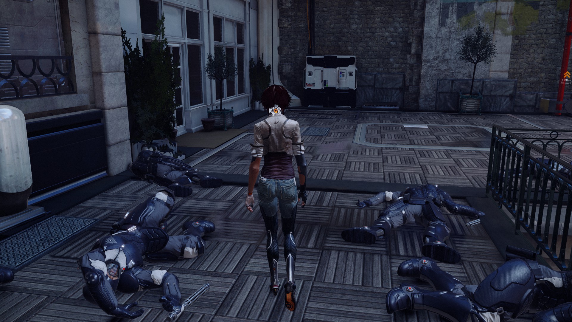 Nilin walking through a pile of defeated police in Remember Me.