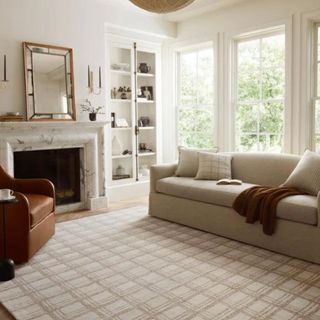 A neutral living room with a checkered neutral area rug