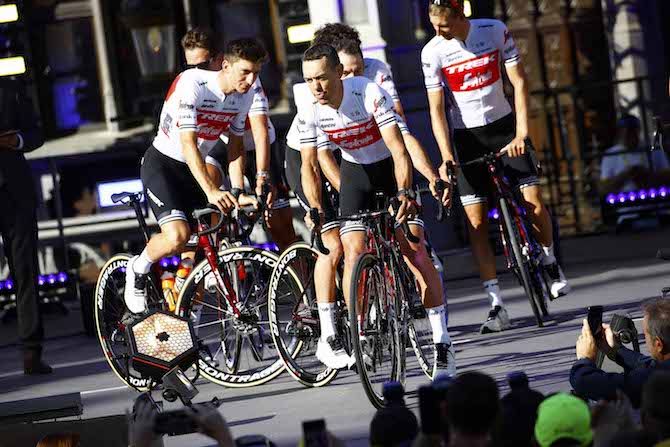Richie Porte (Trek-Segafredo) leads his teammates at the 2019 Tour de France teams presentation in Brussels