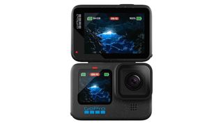 GoPro Hero 12 Black-camera tegen een witte achtergrond, bewerkt tot Hero 13 Black