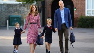 Princess Charlotte arrives for her first day of school, with her brother Prince George and her parents the Duke and Duchess of Cambridge, at Thomas's Battersea in London on September 5, 2019 in London, England.