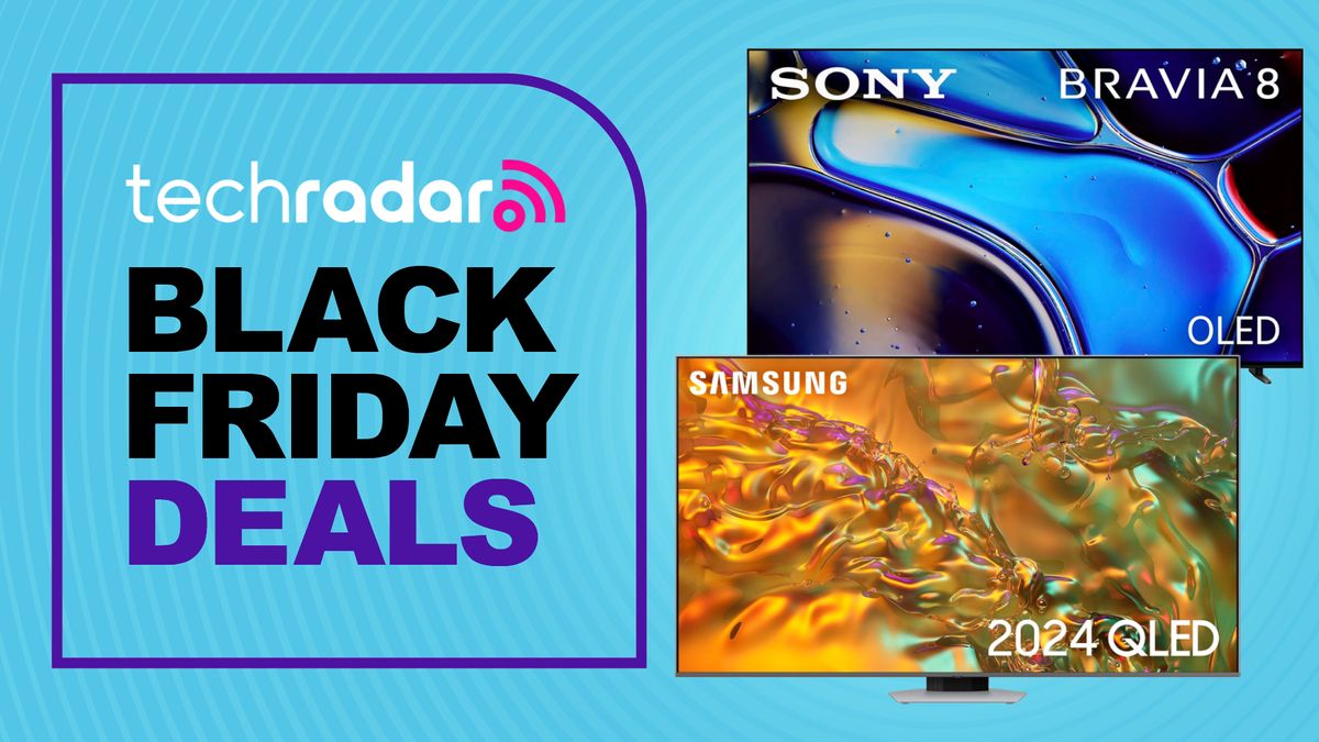 Black Friday 65-inch TV deals image with Samsung Q80D and Sony Bravia 8 on blue background 