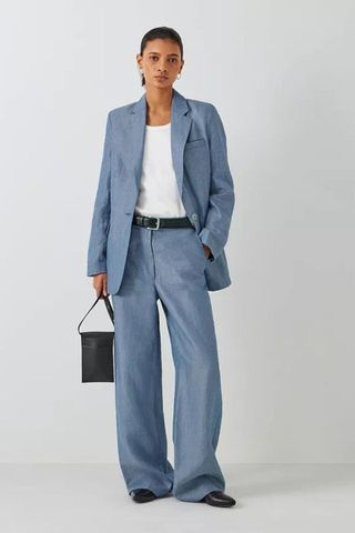 John Lewis Straight Fit Linen Trousers in Blue Twill