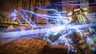 A player shooting another with lightning in Red Faction: Guerrilla's multiplayer mode.