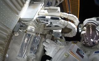 European Space Agency astronaut Thomas Pesquet investigates a suspected ammonia leak during a spacewalk on March 24, 2017.
