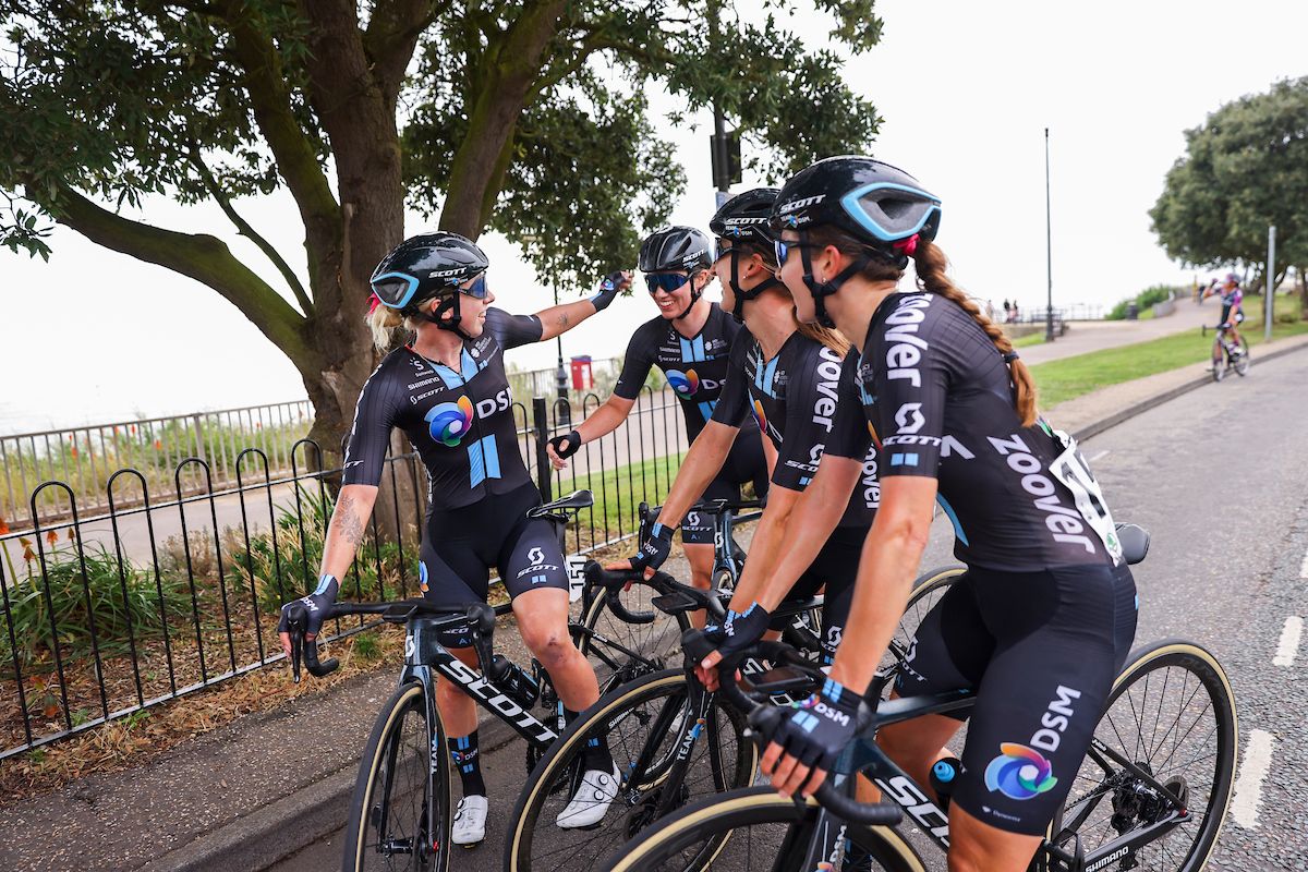 Picture by Alex Whitehead/SWpix.com - 08/10/2021 - Cycling - AJ Bell Women's Tour of Britain - Stage Five: Colchester to Clacton-on-Sea, England - Team DSM celebrate Lorena Wiebes's (l) victory on stage 5 of the Women's Tour of Britain.