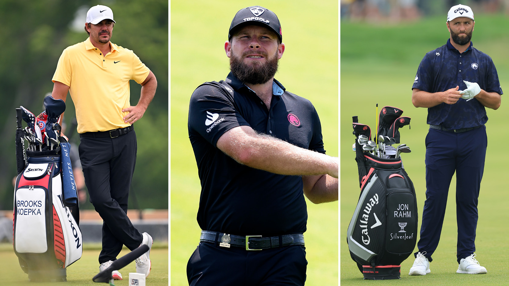 Brooks Koepka, Tyrrell Hatton and Jon Rahm stand by golf bags
