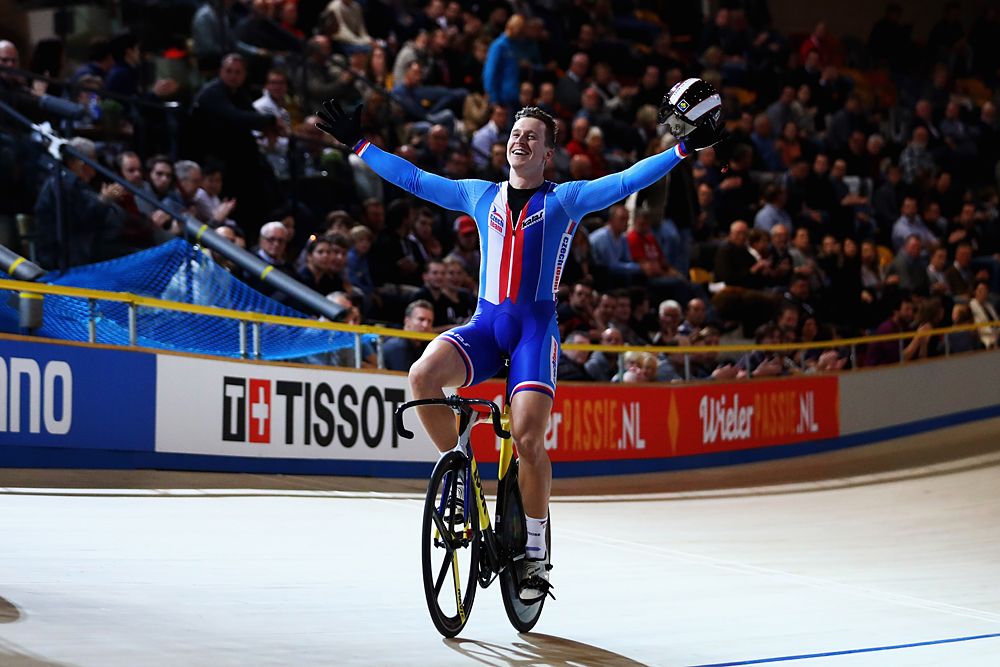 Tomas Babek (Czech Republic) celebrates his keirin win