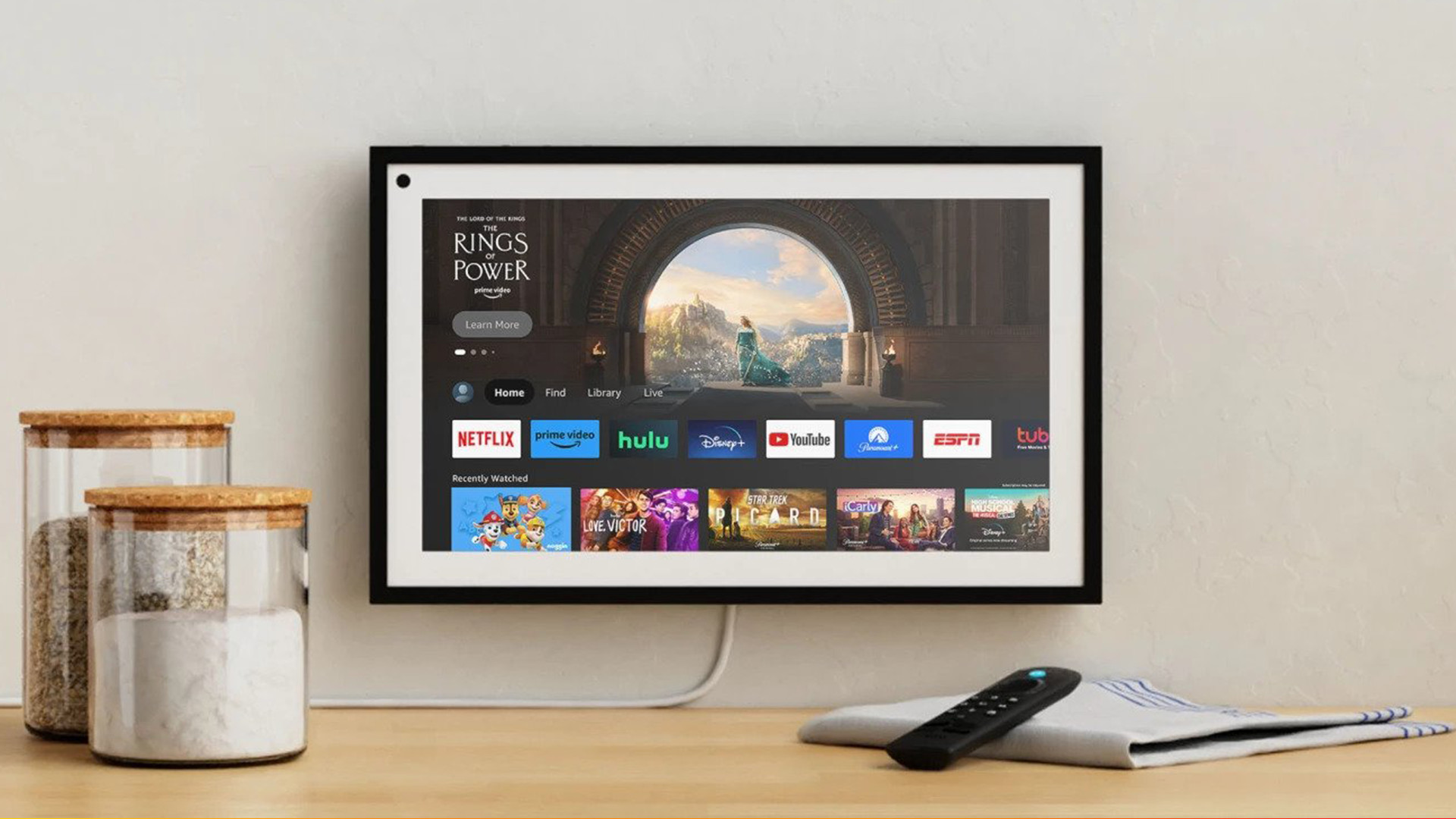 Fire TV now on Amazon Echo Show 15, it's hung on a wall