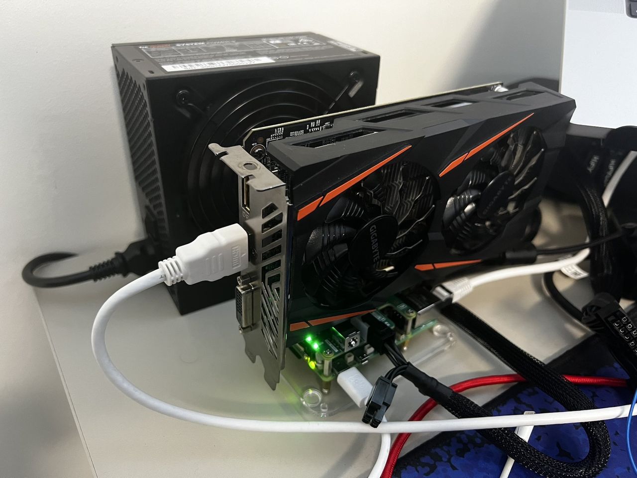 Closeup of Raspberry Pi 5 with external GPU