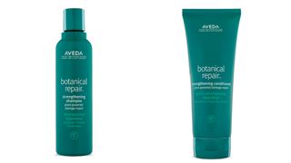 A bottle each of Aveda's Botanical Repair vegan shampoo and conditioner.