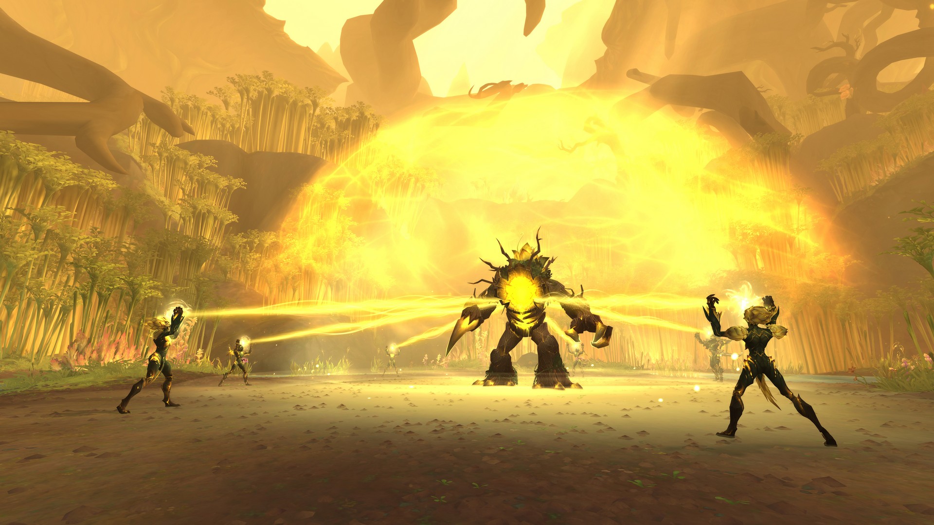 Characters shoot a laser at an enemy in World of Warcraft: Midnight's The Blinding Vale