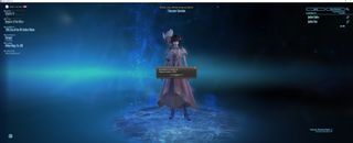 Jackie's log in screen in FFXIV, shes wearing a really cute pink dress that she got because she suffered through Titan Savage. This time with a server queue