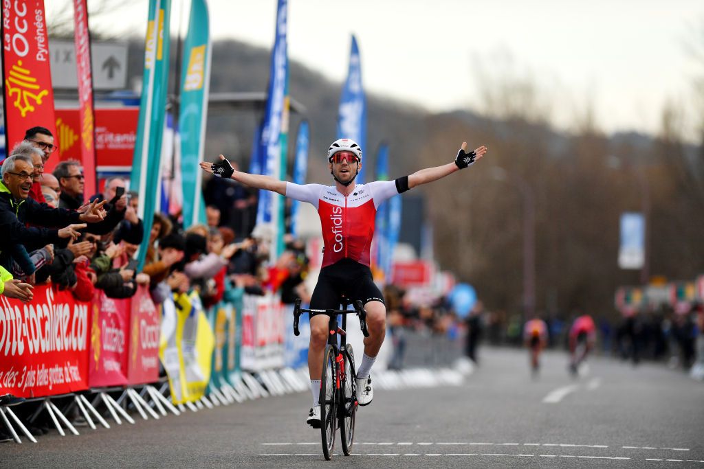 BESSGES FRANCE FEBRUARY 04 Benjamin Thomas of France and Team Cofidis celebrates winning during the 52nd toile De Bessges Tour Du Gard 2022 Stage 3 a 155km stage from Bessges to Bessges EtoiledeBesseges EDB2022 on February 04 2022 in Bessges France Photo by Luc ClaessenGetty Images