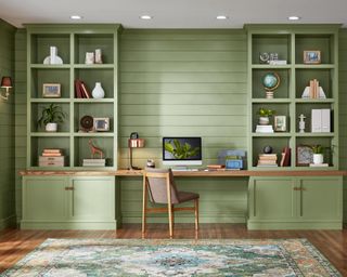 Green home office with built in shelves