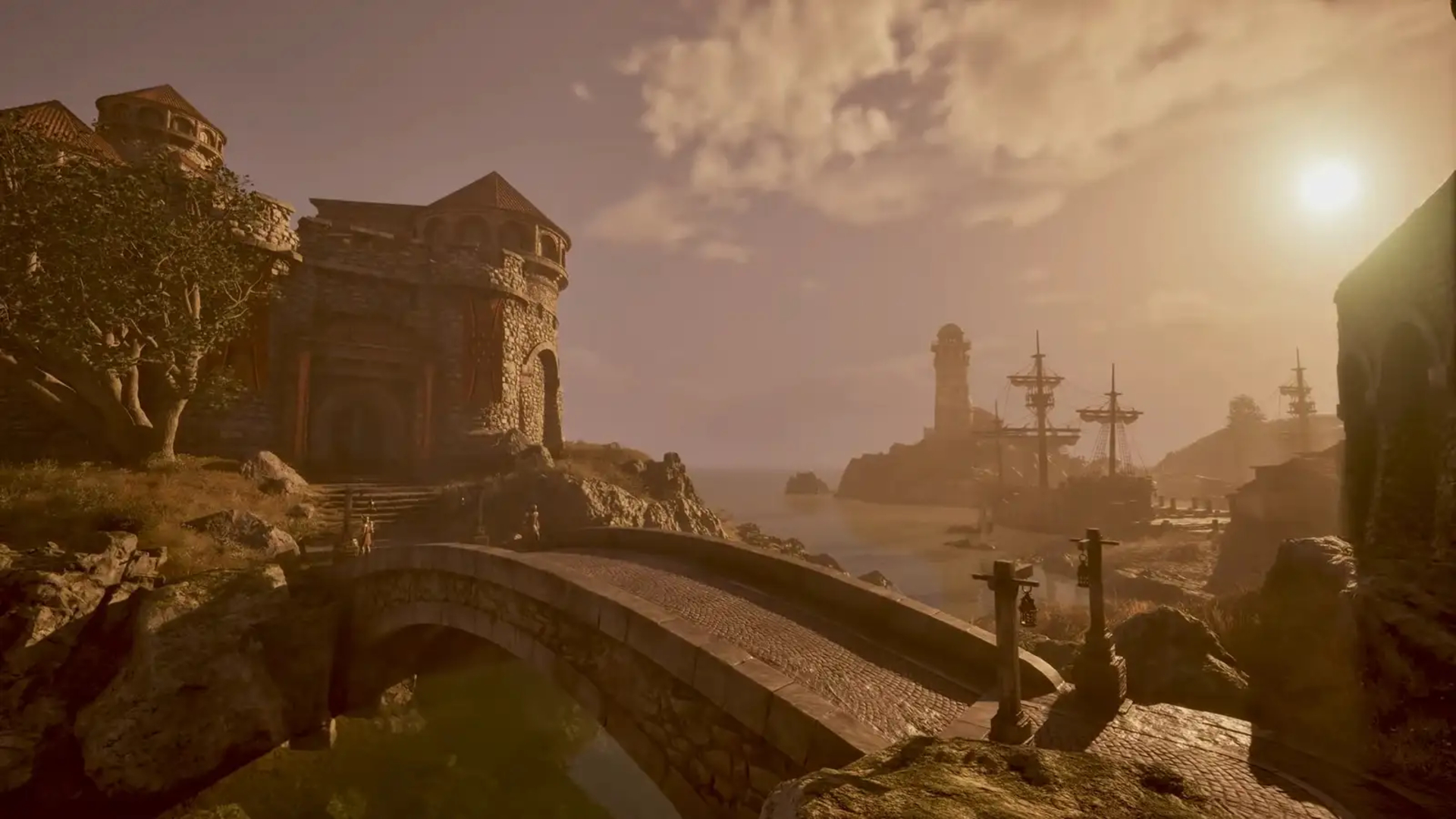 A beautiful sunset over Anvil in The Elder Scrolls 4: Oblivion Remastered