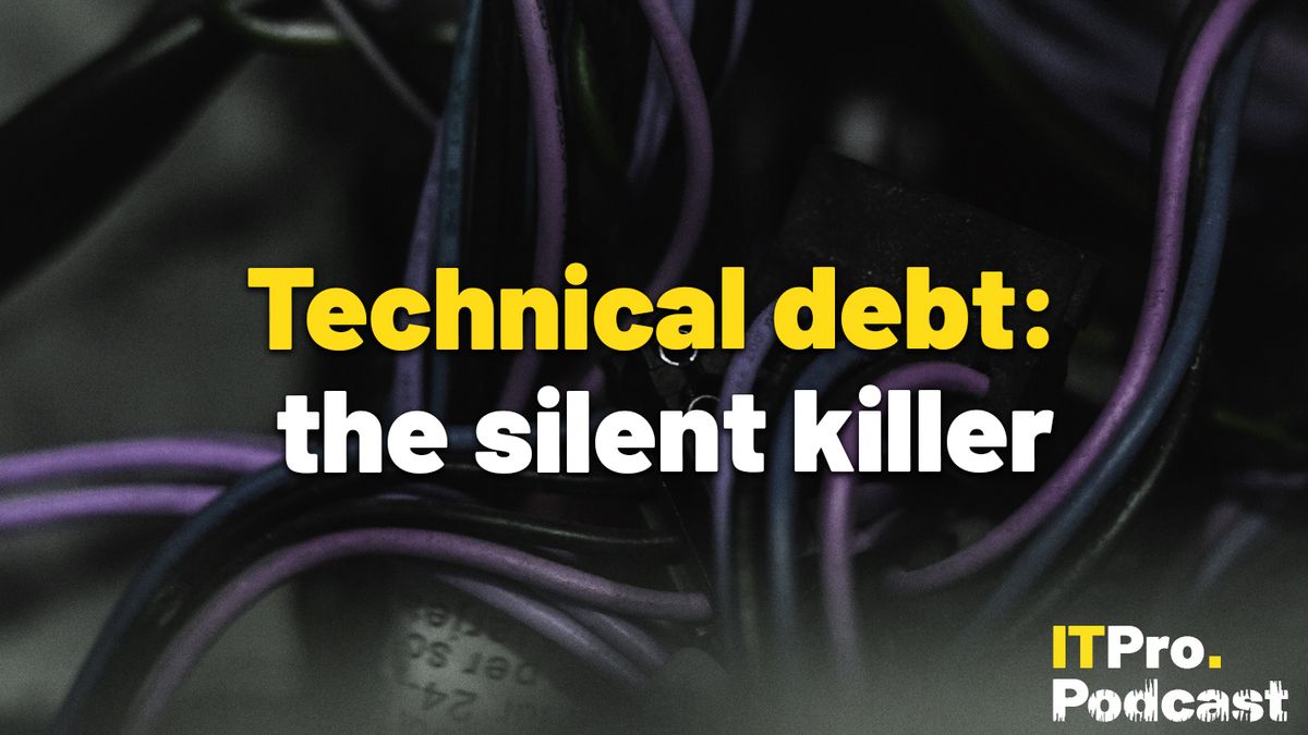 The words ‘Technical debt: the silent killer’ with the words ‘Technical debt’ in yellow and the rest in white. They are set against an image of purple and black cables. The ITPro podcast logo is in the bottom right corner.