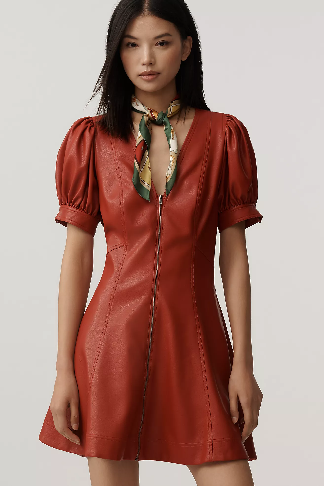 Pilcro Faux Leather Short-Sleeve Zip-Front Mini Dress