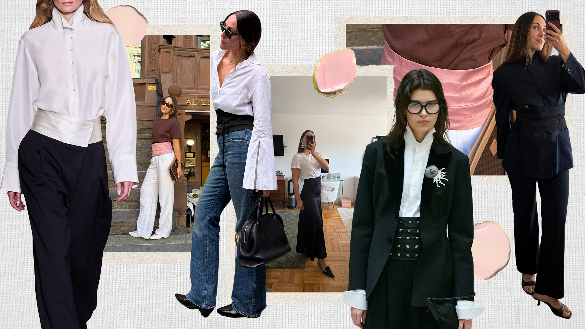A collage of runway and editor outfit photos of Anna LaPlaca styling the cummerbund trend for fall 2026.