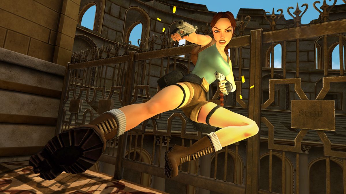 A screenshot shows Lara Croft jumping in the air while shooting duel hand guns.