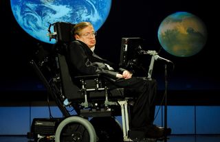 Stephen Hawking, of the University of Cambridge, delivers a speech about why humanity should go into space on April 21, 2008, at George Washington University. 