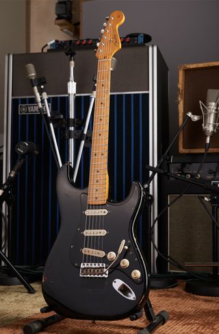 A vintage 1969 Fender Stratocaster belonging to Pink Floyd guitarist David Gilmour, known as The Black Strat, taken on December 5, 2014.