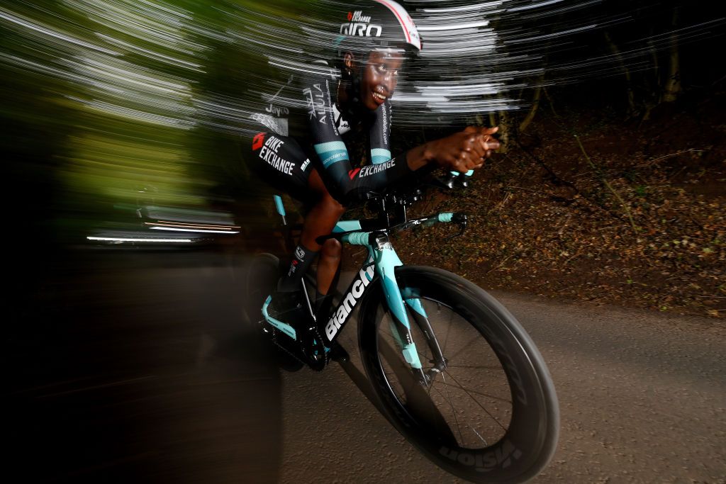 ATHERSTONE ENGLAND OCTOBER 06 Teniel Campbell of Trinidad and Tobago and Team BikeExchange sprints during the 7th The Womens Tour 2021 Stage 3 a 166km Individual time trial from Atherstone to Atherstone thewomenstour UCIWWT on October 06 2021 in Atherstone England Photo by Justin SetterfieldGetty Images