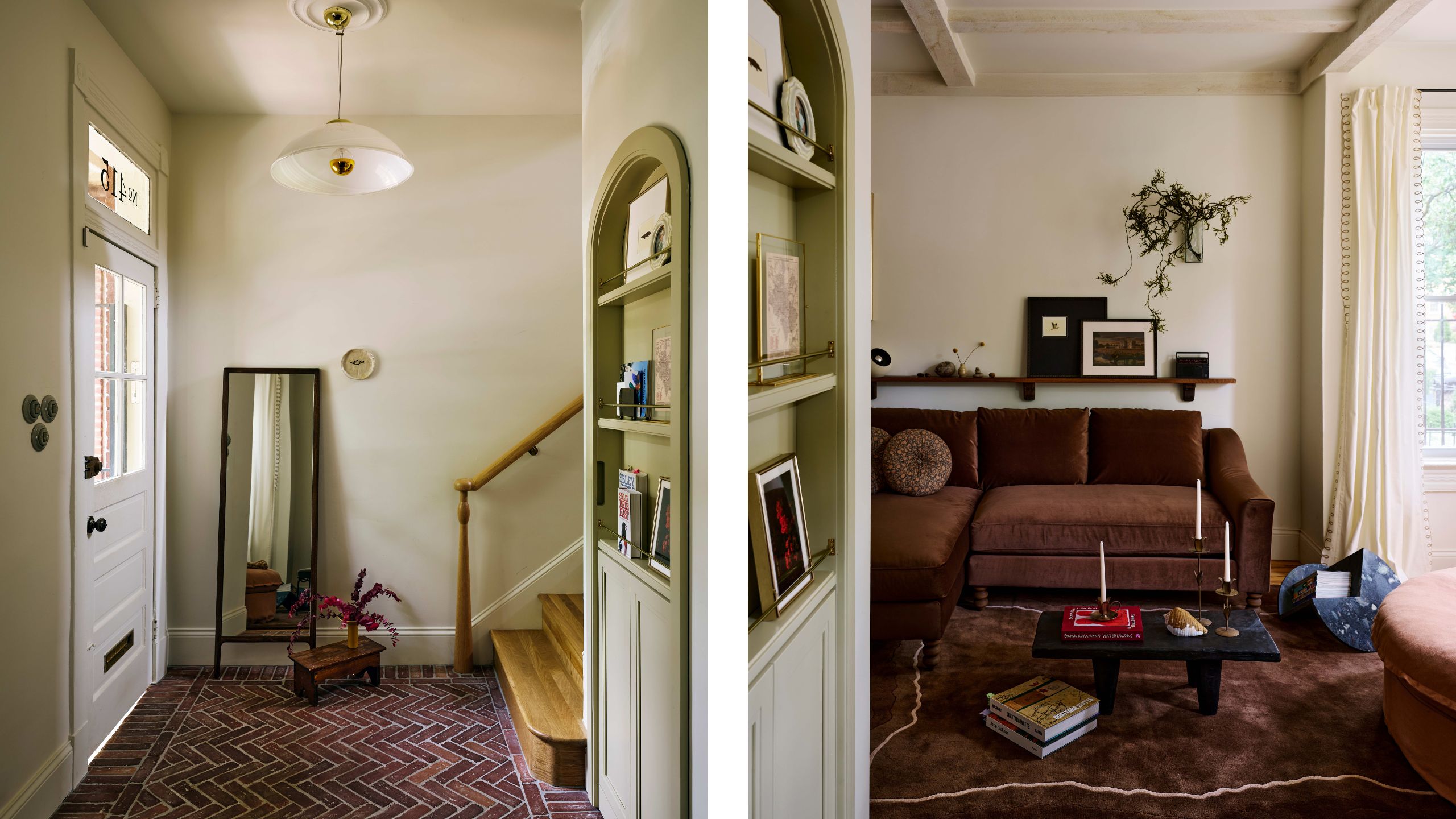two side by side images of the entry of a Victorian home with light walls and brick floors next to a living room with rich chocolate couch and rug
