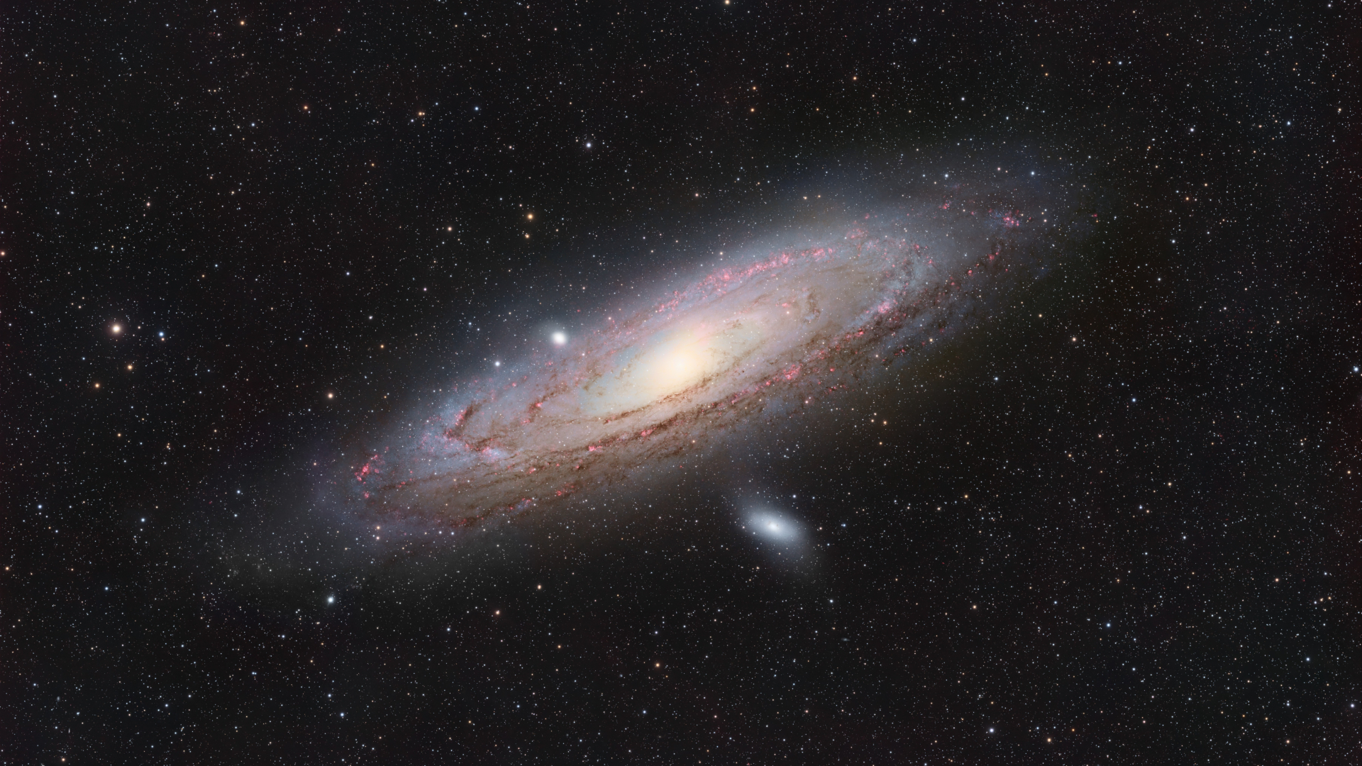 A large spiral galaxy is pictured shining against a colorful starfield.