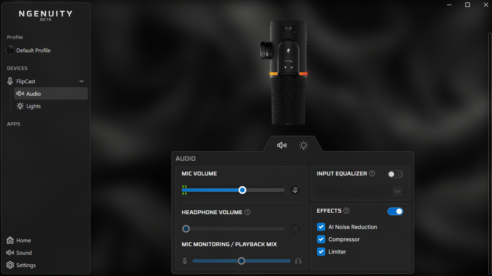 A screenshot of the audio software for the HyperX FlipCast in HyperX Ngenuity