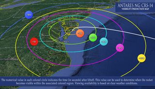 This NASA graphic shows the visibility path and times, in seconds after liftoff, for Northrop Grumman's NG-14 Cygnus cargo launch on an Antares rocket from Wallops Flight Facility in Virginia on Oct. 1, 2020.