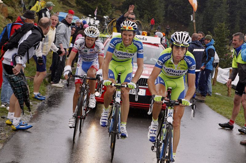 Vincenzo Nibali, Ivan Basso and Michele Scarponi digging deep on the Mortirolo in 2010