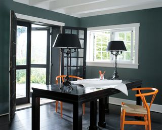 Black, grey and orange home office by Benjamin Moore