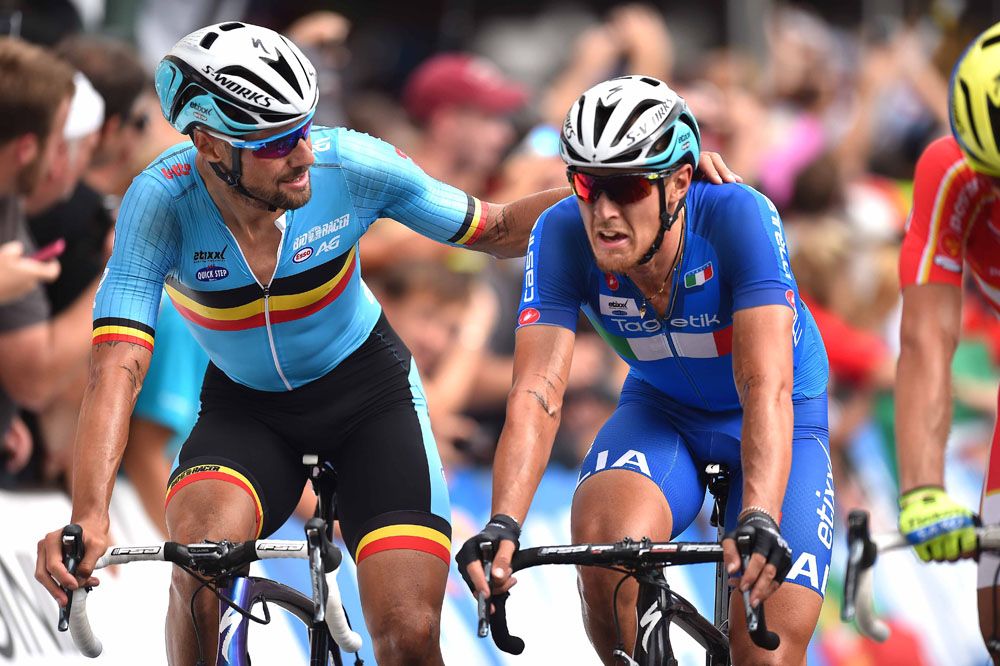 Tom Boonen (Belgium) and Matteo Trentin (Italy) at the finish