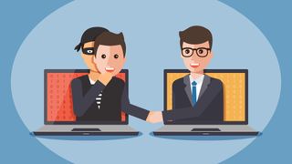 A graphic presenting two people emerging from laptops with one person being a criminal posing as a customer