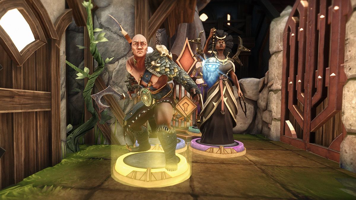 Demeo screenshot - two fantasy characters, a fighter and a mage, on a VR game board