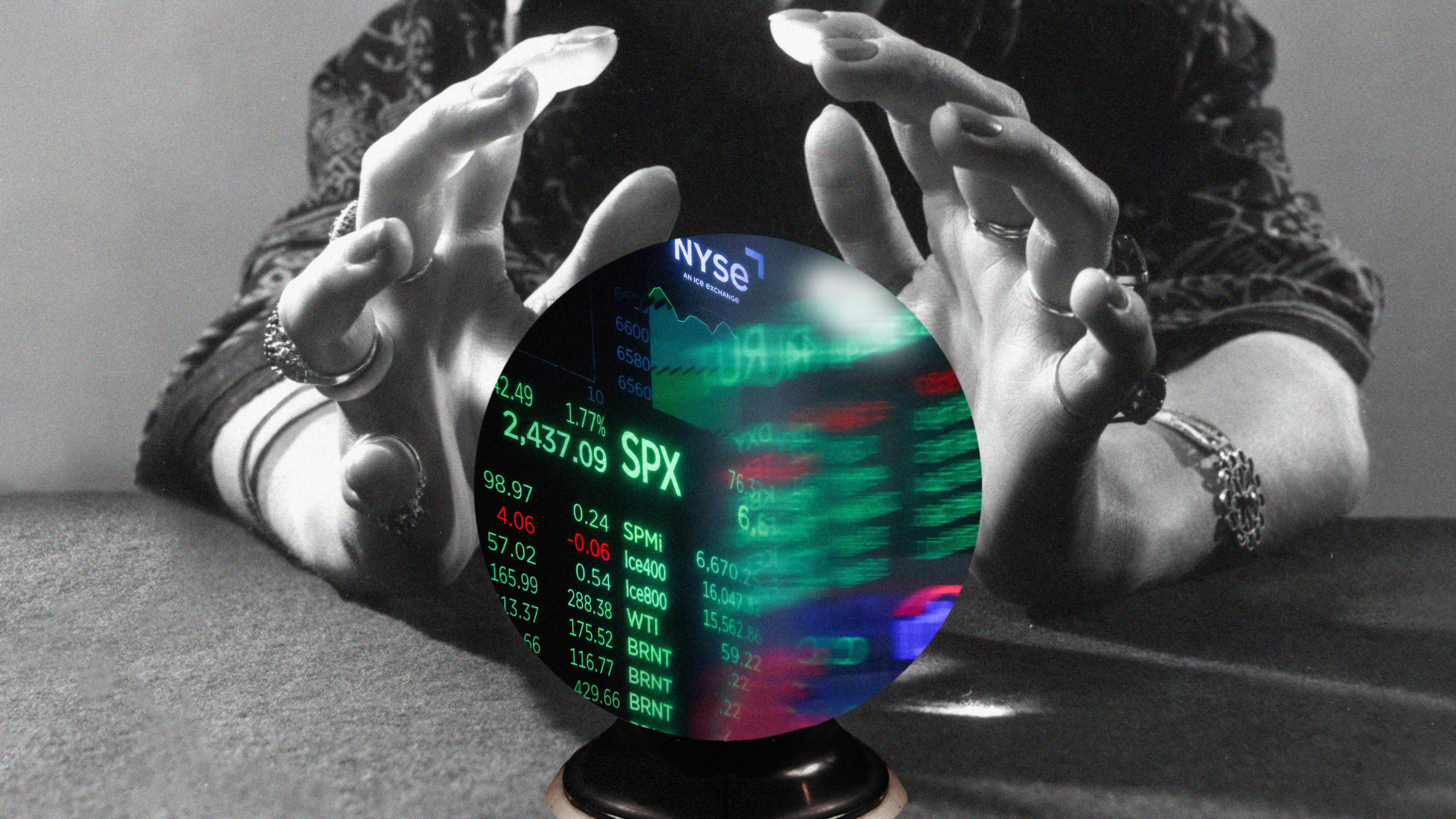 Black-and-white image of a person’s hands hovering over a glowing crystal ball displaying colorful stock market numbers and the NYSE ticker.