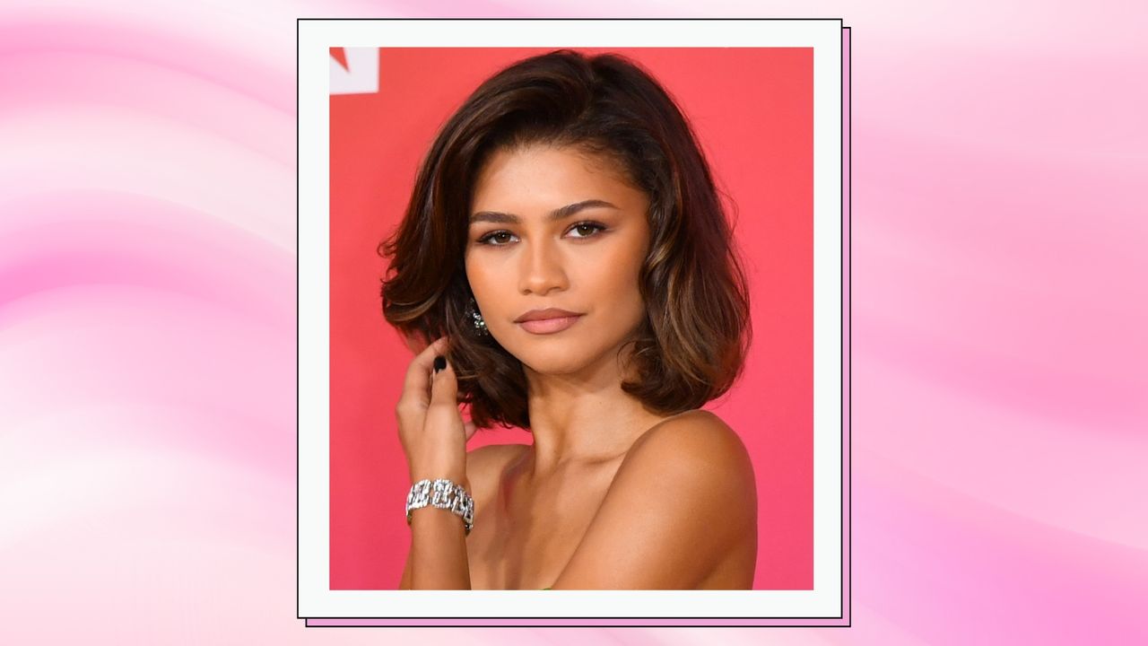 Zendaya sports a &#039;Butterfly&#039; bouncy bob as she arrives to the 54th Annual NAACP Image Awards at Pasadena Civic Auditorium on February 25, 2023 in Pasadena, California/ in a pink and white abstract template