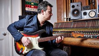 James playing his ’62 Strat in front of the band’s ex-Rockfield Studios desk. This desk has previously been used to record Simple Minds, Rush, Echo and the Bunnymen and a little bit of Bohemian Rhapsody
