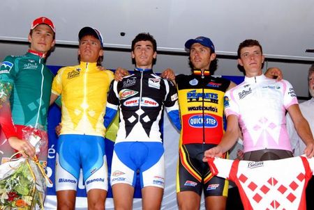 The final podium (l-r): K&eacute;vin Lalouette, Fr&eacute;d&eacute;ric Wilmann, Yann Guyot, Davy Commeyne and Julien B&eacute;rard.