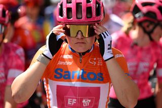 STIRLING AUSTRALIA JANUARY 19 Noemi Ruegg of Switzerland and Team EF EducationOatly Orange Santos Leaders Jersey prior to the 9th Santos Womens Tour Down Under 2025 Stage 3 a 1059km stage from Stirling to Stirling 444m UCIWWT on January 19 2025 in Stirling Australia Photo by Dario BelingheriGetty Images