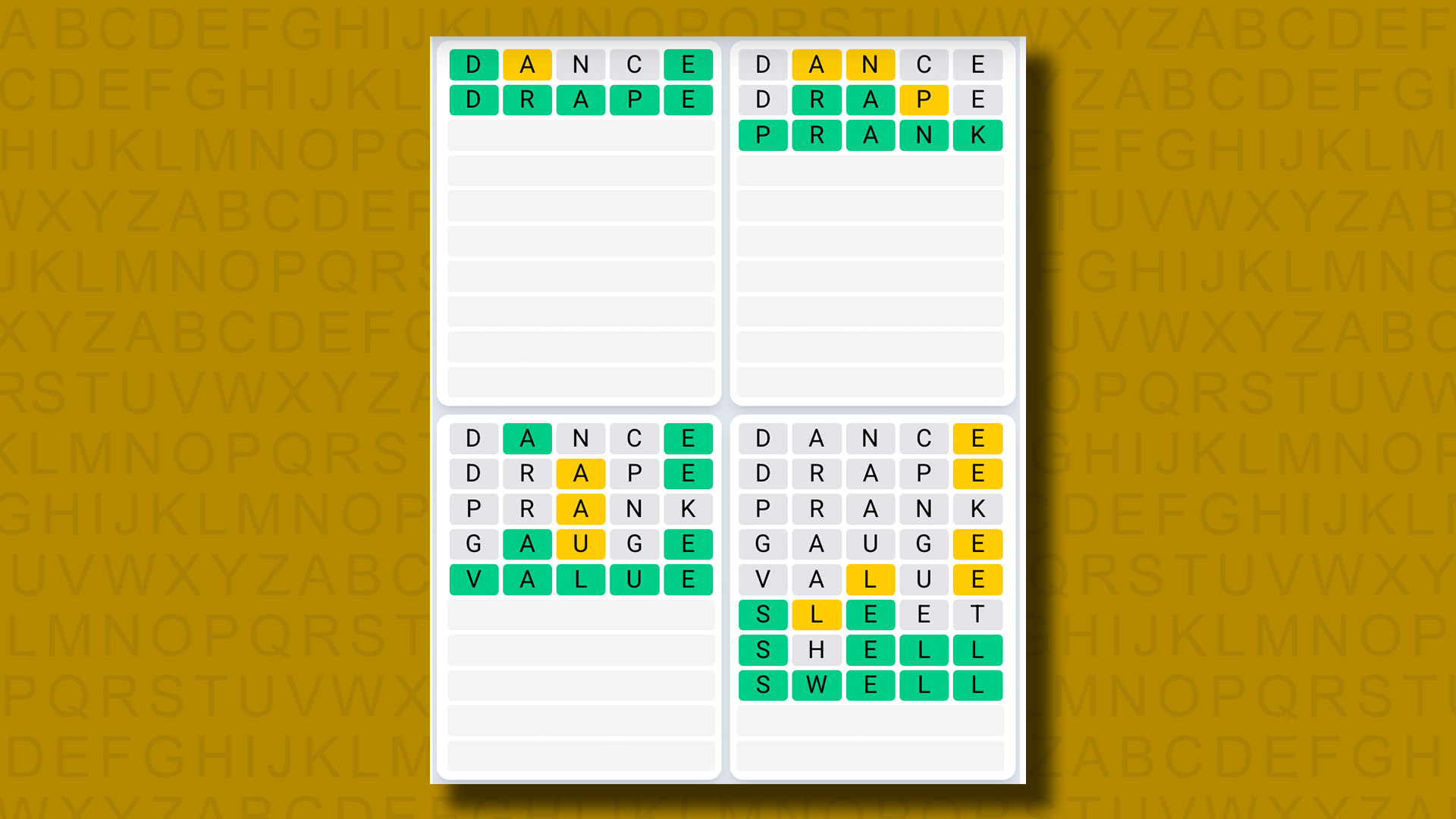 Quordle Daily Sequence answers for game 1215 on a yellow background