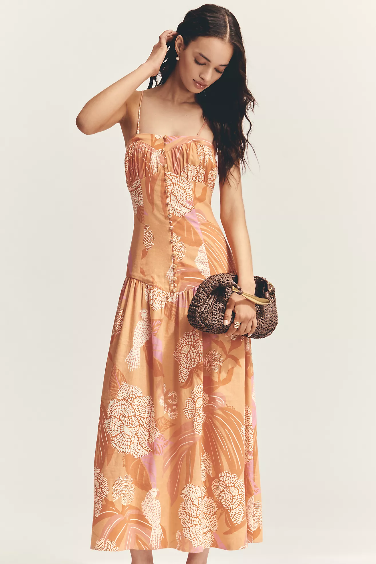 Farm Rio X Anthropologie Linen Blend trapless drop Waist Maxi dress